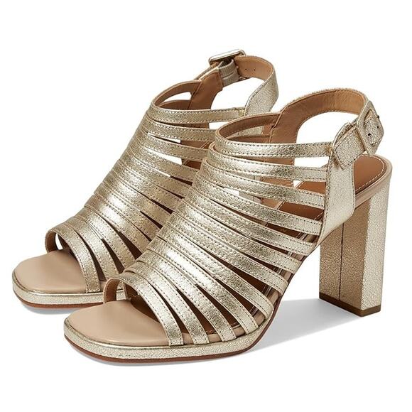 Donald Pliner Womens Sevanna Heeled Sandals US 8.5 M Gold Metallic Leather NIB - Picture 1 of 13